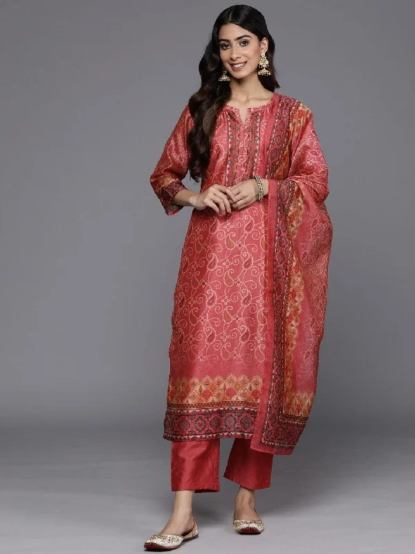 varanga-pink-bandhani-printed-regular-chanderi-silk-kurta-with-trousers-with-dupatta Trousers Print Floral varanga-pink-bandhani-printed-regular-chanderi-silk-kurta-with-trousers-with-dupatta Trousers Print Floral