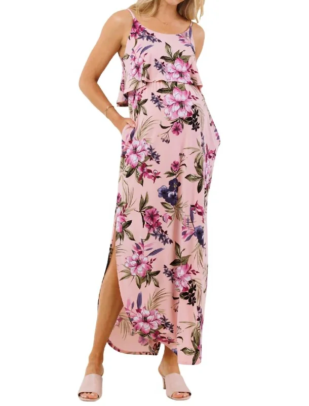 Floral Overlay Maternity Nursing Dress In Pink
