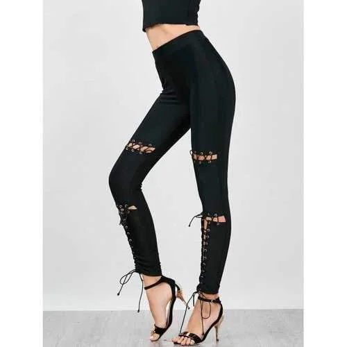 Elastic Waist Skinny Lace Up Pants - Black Xl Chic Checkered Pants
