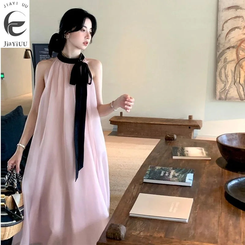 Advbridge 2024 Summer New Loose Hanging Neck Tie Bow French Gentle Style Instagram Dress Women's Beach Vacation Skirt