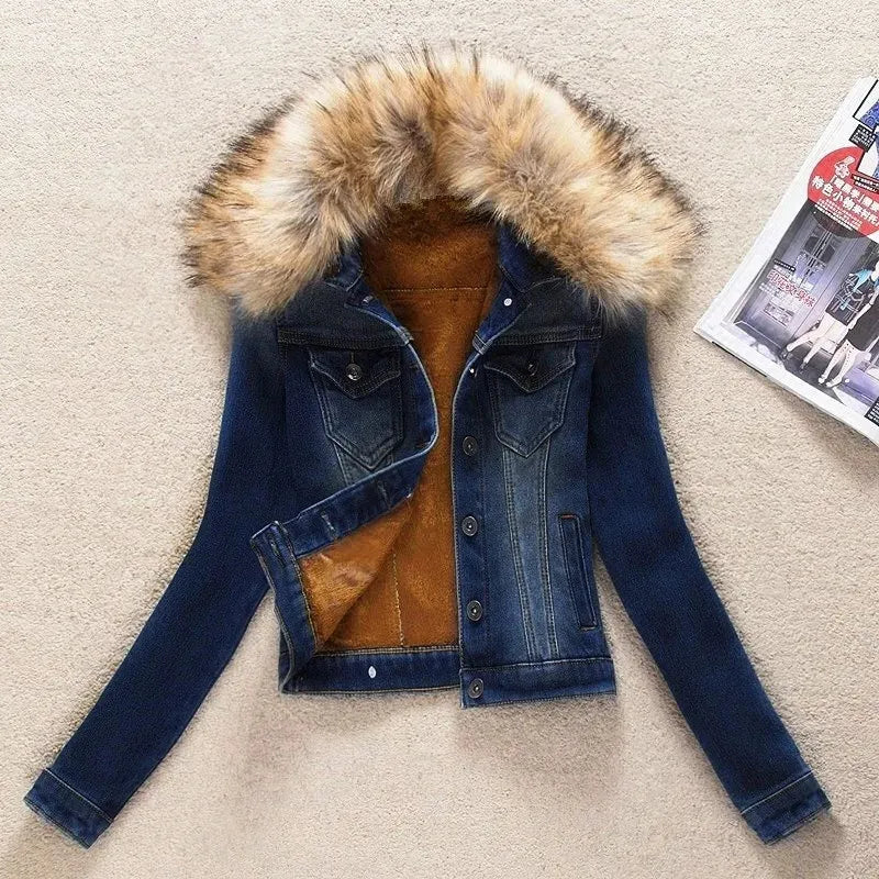 2023 Autumn Winter Fleece Denim Jacket Women Big Fur Collar Short Coat Thicken Velvet Liner Warm Tops Lady Jean Coat Outerwear Quilted Jacket Puffer Jacket Insulated Jacket 2023 Autumn Winter Fleece Denim Jacket Women Big Fur Collar Short Coat Thicken Velvet Liner Warm Tops Lady Jean Coat Outerwear Quilted Jacket Puffer Jacket Insulated Jacket