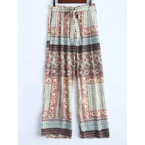 Ornate Floral Print Wide Leg Palazzo Pants - L Trendy Work Pants