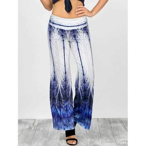Elastic Waist Printed Wide Leg Pants - Blue Xl Elegant Silk Pants