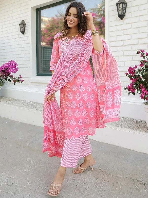 Coral Yoke Design Cotton Straight Kurta With Trousers & Dupatta Trousers stylish modern Coral Yoke Design Cotton Straight Kurta With Trousers & Dupatta Trousers stylish modern