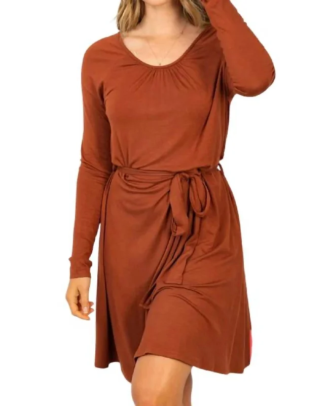 Long Sleeve Solid Knit Dress In Copper