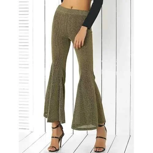 Alluring Elastic Waist Sheeny Slimming Women's Pants - Golden M Trendy Wide-Legged Trousers