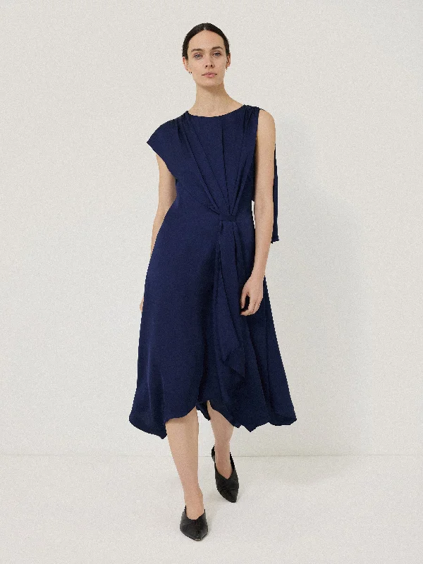 Viscose Drape Cape Dress | Navy