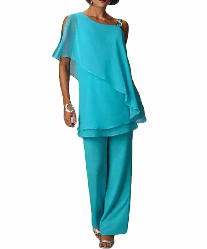 Blue Chiffon 2 Pieces Mother of the Bride Pantsuits Trouser Suits Dressy outfits with Asymmetric Half Sleeves Trousers Party Sparkling Blue Chiffon 2 Pieces Mother of the Bride Pantsuits Trouser Suits Dressy outfits with Asymmetric Half Sleeves Trousers Party Sparkling