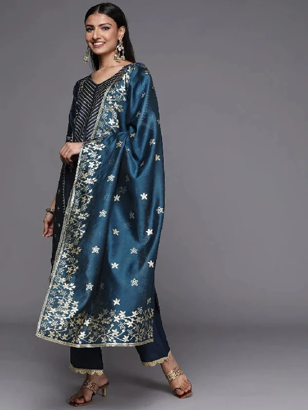 Blue Printed Silk Blend Straight Kurta With Trousers & Dupatta Trousers Corduroy Warm Blue Printed Silk Blend Straight Kurta With Trousers & Dupatta Trousers Corduroy Warm