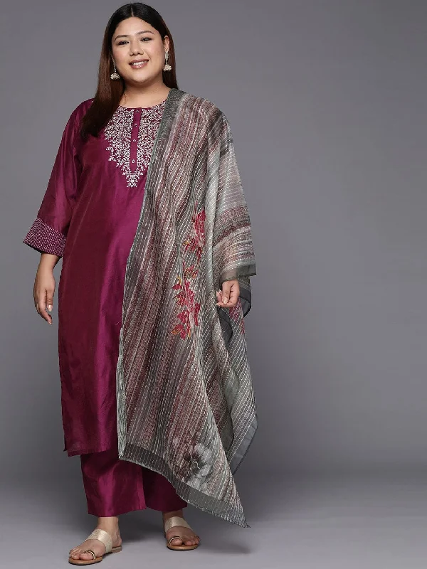 Varanga Women Plus Size Magenta Yoke Design Sequinned Chanderi Silk Kurta with Trousers & Dupatta Trousers Silk Elegant Varanga Women Plus Size Magenta Yoke Design Sequinned Chanderi Silk Kurta with Trousers & Dupatta Trousers Silk Elegant