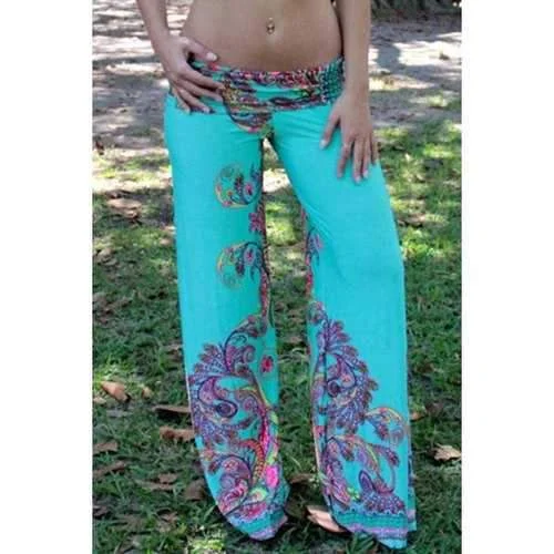Casual Style Elastic Waist Floral Print Wide Leg Women's Exumas Pants - Turquoise M Soft Sweatpants Style Casual Style Elastic Waist Floral Print Wide Leg Women's Exumas Pants - Turquoise M Soft Sweatpants Style