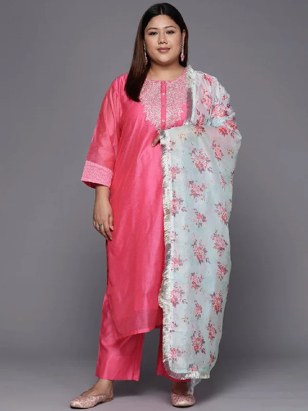 Varanga Women Plus Size Floral Yoke Design Sequinned Chanderi Silk Kurta with Trousers & Dupatta Trousers Satin Smooth Varanga Women Plus Size Floral Yoke Design Sequinned Chanderi Silk Kurta with Trousers & Dupatta Trousers Satin Smooth