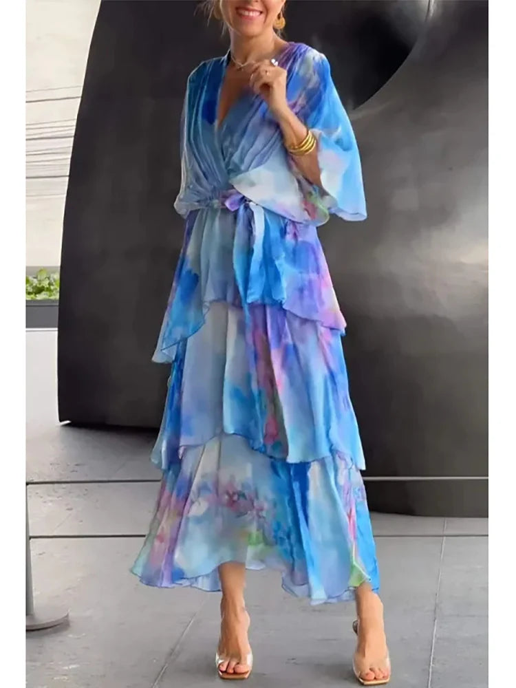 Advbridge Autumn Women's Mid Sleeve Casual Style Polyester Material 2024 New Fashion V-neck Lotus Leaf Sleeve Dress