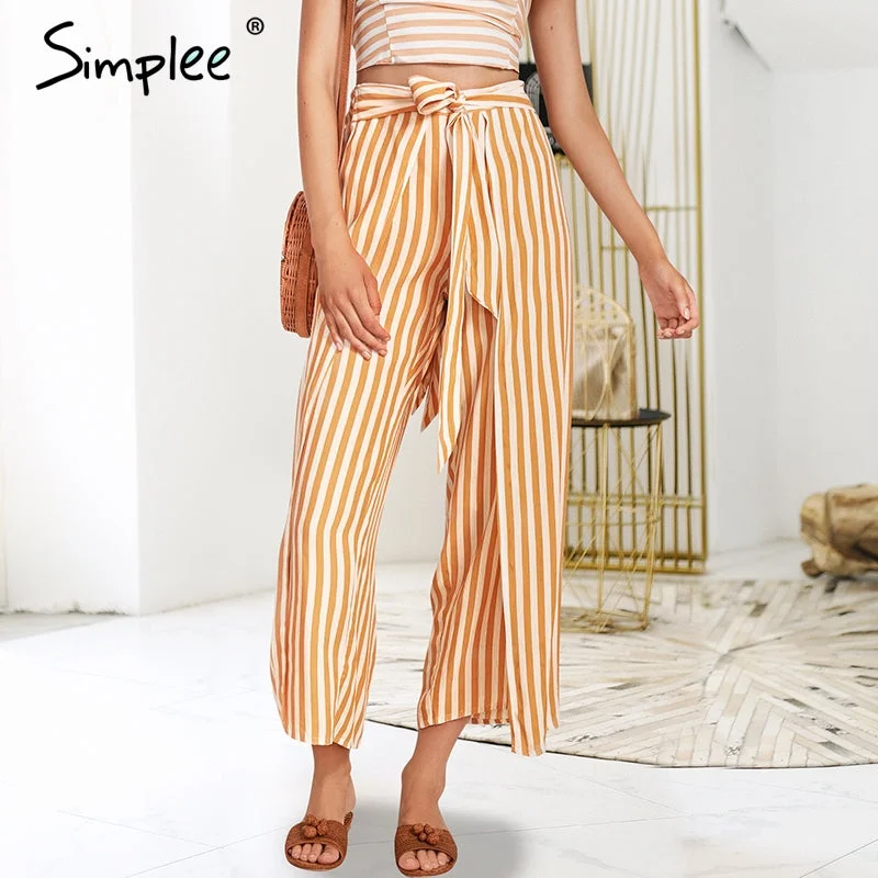 Simplee Stripe Bow sash pants women High waist front split loose trouser summer wide leg pants 2018 Trousers luxurious premium Simplee Stripe Bow sash pants women High waist front split loose trouser summer wide leg pants 2018 Trousers luxurious premium
