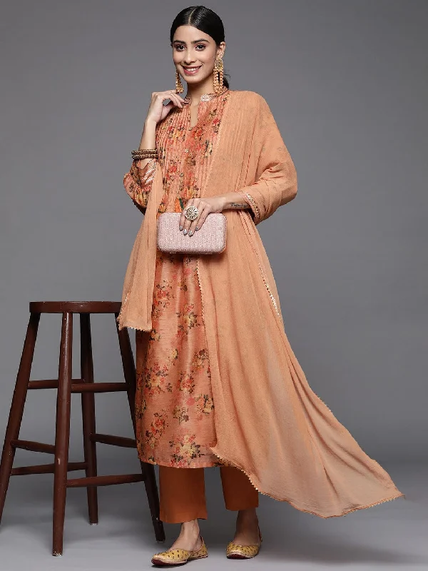 Varanga Women Peach Floral Kurta With Manderian Collar With Tonal Trouser & Tonal Dupatta Trousers fashionable trendy Varanga Women Peach Floral Kurta With Manderian Collar With Tonal Trouser & Tonal Dupatta Trousers fashionable trendy