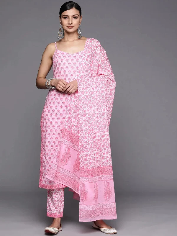 Pink Printed Cotton Straight Kurta With Trousers & Dupatta Trousers practical easy-care Pink Printed Cotton Straight Kurta With Trousers & Dupatta Trousers practical easy-care