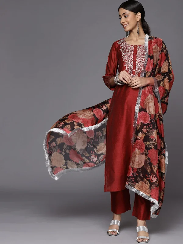Varanga Women Red Embroidered Kurta With Tonal Trouser And Printed Dupattta Trousers Fleece Cozy Varanga Women Red Embroidered Kurta With Tonal Trouser And Printed Dupattta Trousers Fleece Cozy