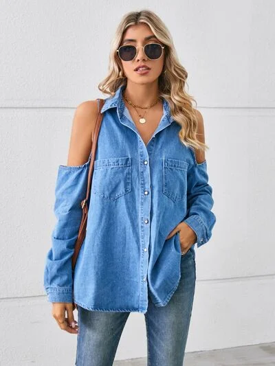 Cold Shoulder Pocketed Button Up Denim Jacket Fleece Jacket Down Jacket Feather Jacket Cold Shoulder Pocketed Button Up Denim Jacket Fleece Jacket Down Jacket Feather Jacket
