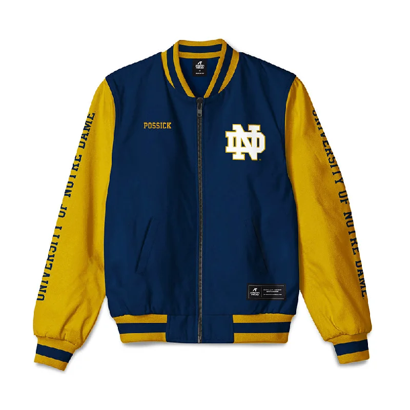Notre Dame - NCAA Women's Fencing : Lola Possick - Bomber Jacket Welt Pockets Slit Pockets Flap Pockets Notre Dame - NCAA Women's Fencing : Lola Possick - Bomber Jacket Welt Pockets Slit Pockets Flap Pockets