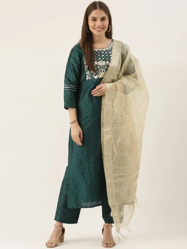 Varanga Women Green Beige Floral Embroidered Sequinned Kurta Trousers with Dupatta Trousers Canvas Durable Varanga Women Green Beige Floral Embroidered Sequinned Kurta Trousers with Dupatta Trousers Canvas Durable
