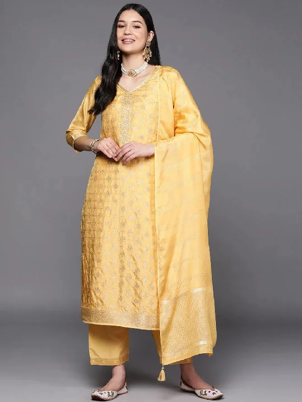 Yellow Embroidered Silk Blend Straight Kurta With Trousers & Dupatta Trousers Formal Black Yellow Embroidered Silk Blend Straight Kurta With Trousers & Dupatta Trousers Formal Black