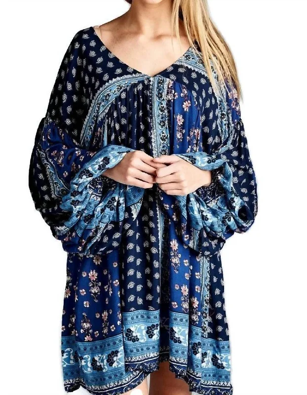 Patch Print Baby Doll Dress In Blue