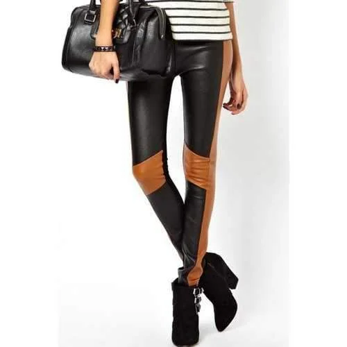 Slimming Color Block PU Leather Spliced Women's Skinny Pants - Black S Fashionable Work Pants Slimming Color Block PU Leather Spliced Women's Skinny Pants - Black S Fashionable Work Pants