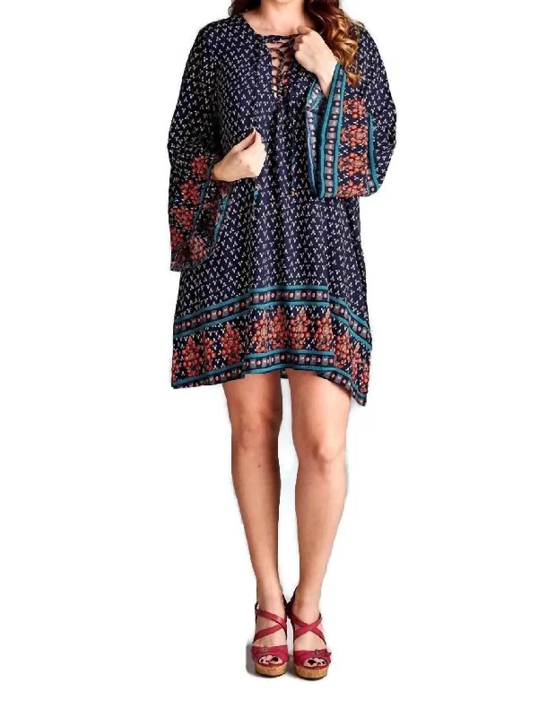 Border Print Floral Bohemian Dress In Blue