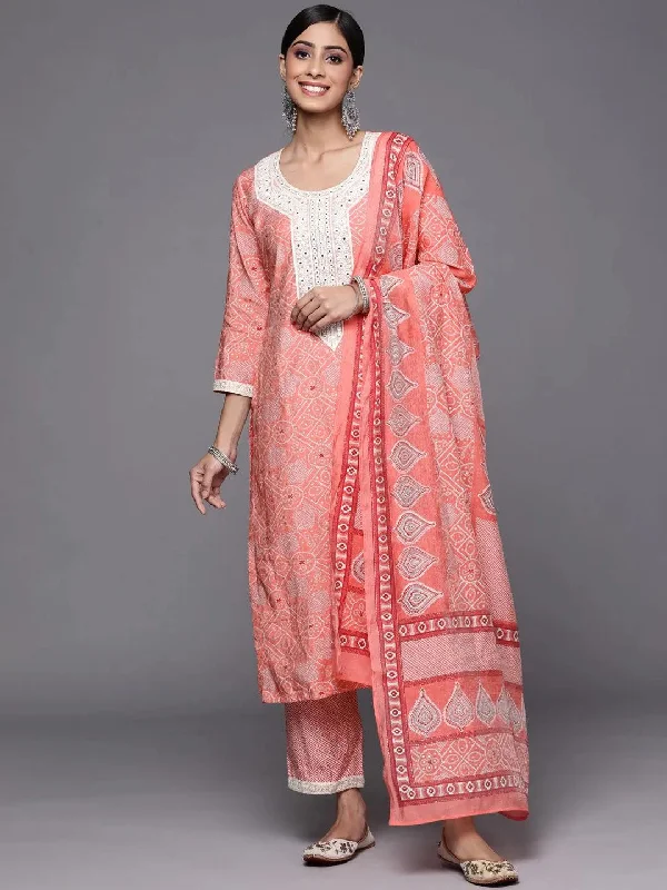 Pink Printed Silk Blend Straight Kurta With Trousers & Dupatta Wide Leg Loose Fit Mid Waist Pink Printed Silk Blend Straight Kurta With Trousers & Dupatta Wide Leg Loose Fit Mid Waist