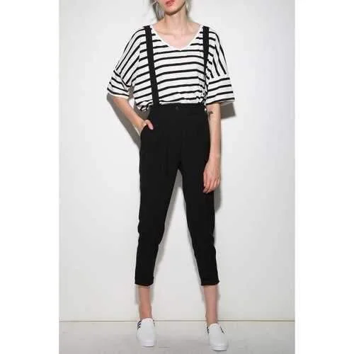 High Waist Suspender Ankle Pants - Black L Formal Linen Trousers