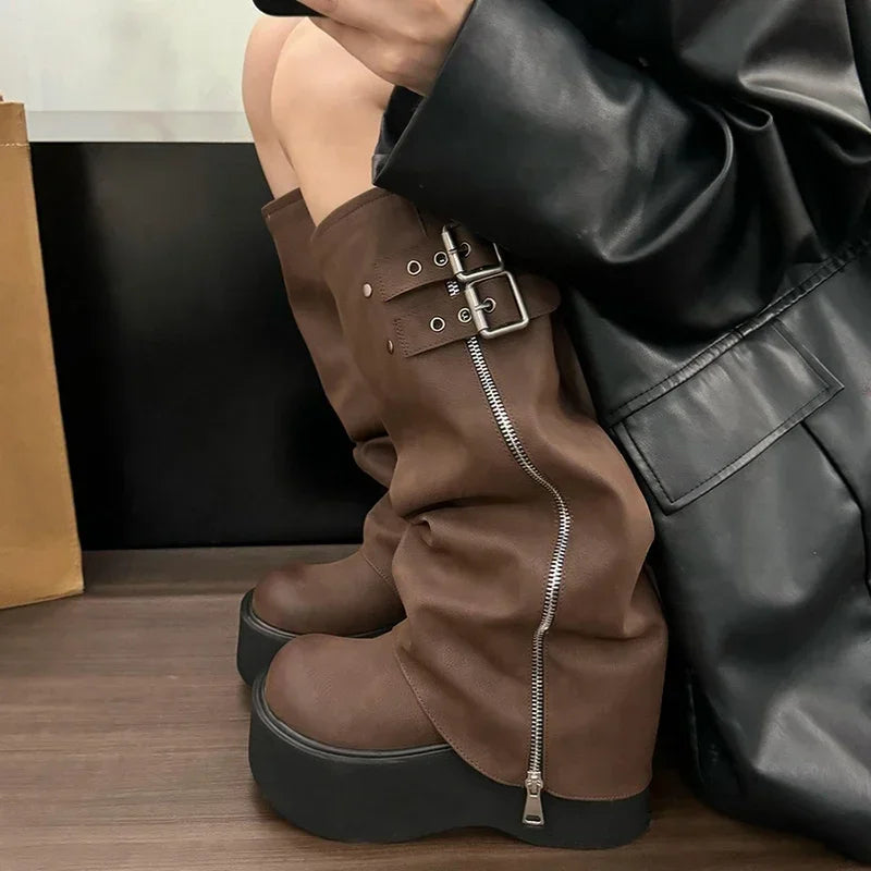 Sohiwoo Chunky Women Knight High Boots Fashion Platform Flats Trouser Long Booties Autumn Winter Female Western Cowboy Shoes Trousers chic fashionable Sohiwoo Chunky Women Knight High Boots Fashion Platform Flats Trouser Long Booties Autumn Winter Female Western Cowboy Shoes Trousers chic fashionable