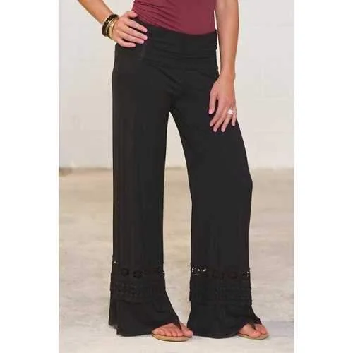 Casual High-Waisted Solid Color Wide Leg Lace Spliced Women's Pants - Black S Trendy Palazzo Pants Casual High-Waisted Solid Color Wide Leg Lace Spliced Women's Pants - Black S Trendy Palazzo Pants