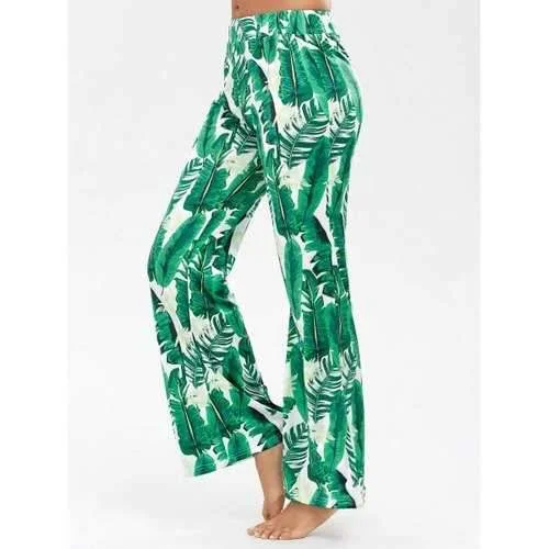 Palazzo Pants with Palm Print - Green S Cozy Maternity Pants