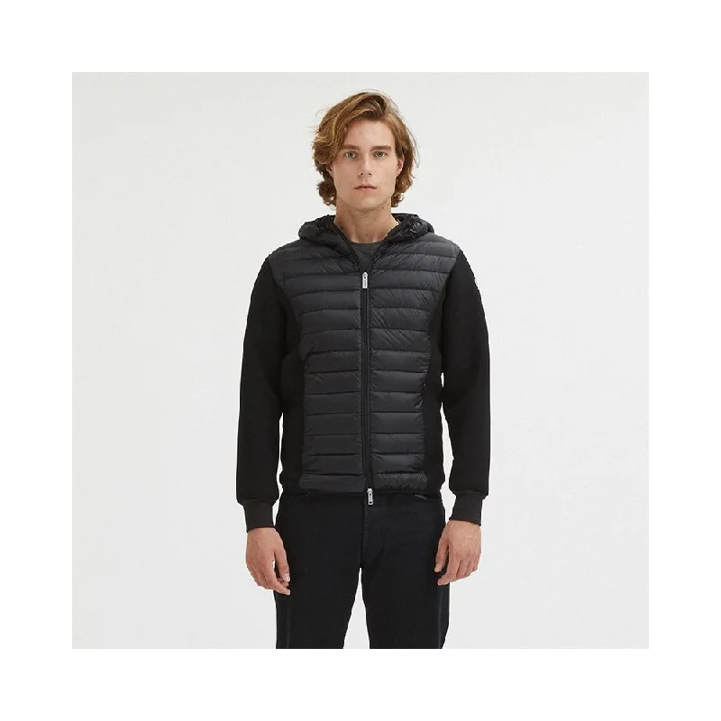 Black Nylon Men Jacket Notch Collar Peter Pan Collar Cowl Neck