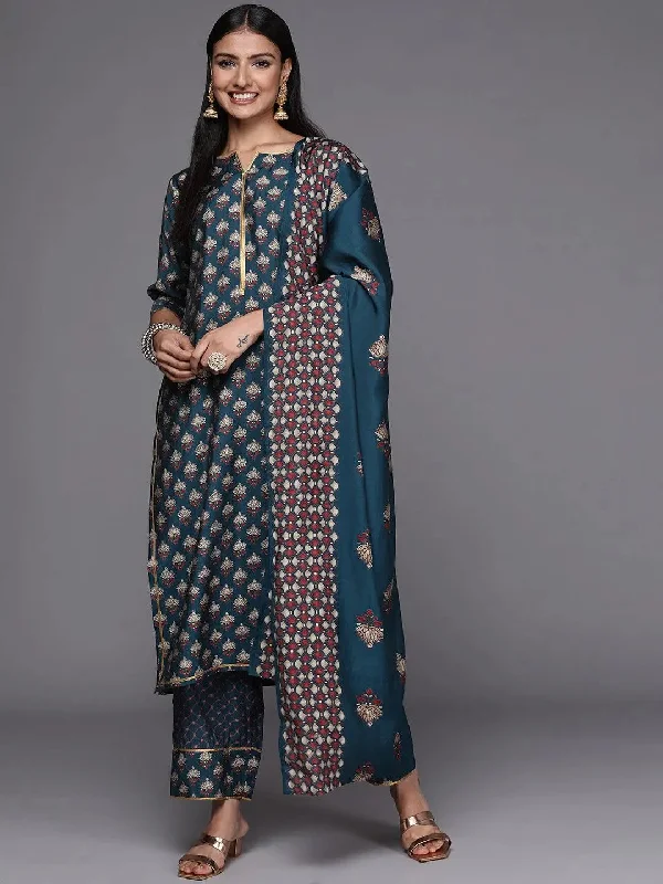 Blue Printed Silk Blend Straight Kurta With Trousers & Dupatta Trousers Travel Practical Blue Printed Silk Blend Straight Kurta With Trousers & Dupatta Trousers Travel Practical