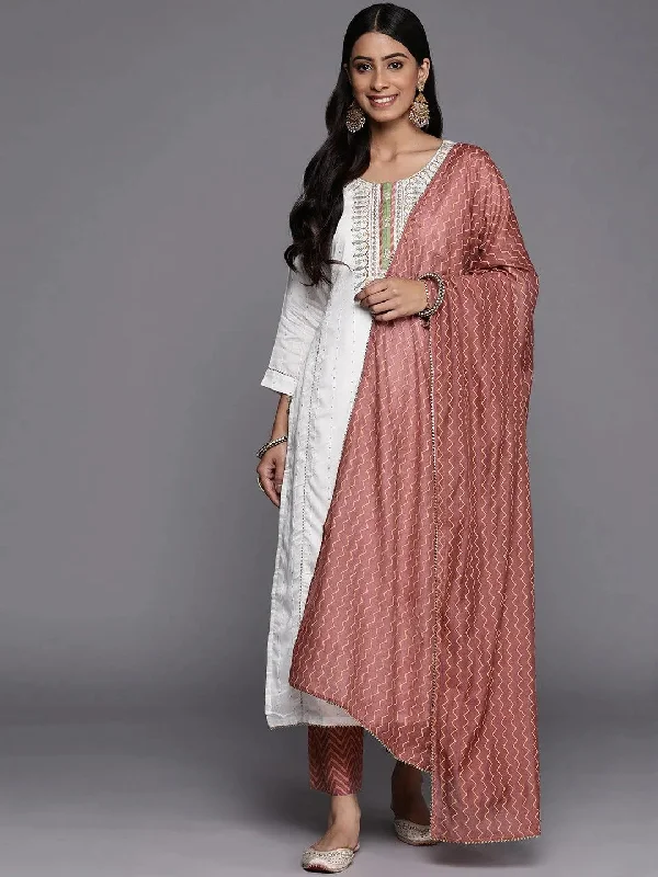 Cream Embroidered Chanderi Silk Straight Kurta With Trousers & Dupatta Trousers sophisticated sleek Cream Embroidered Chanderi Silk Straight Kurta With Trousers & Dupatta Trousers sophisticated sleek