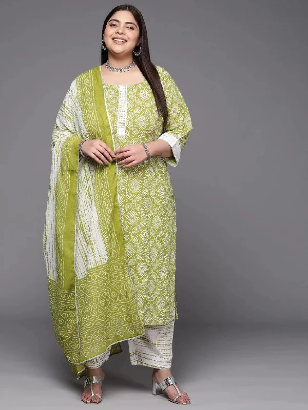 Plus Size Green Printed Cotton Straight Kurta With Trousers & Dupatta High Waist Slim Fit Ankle Length Plus Size Green Printed Cotton Straight Kurta With Trousers & Dupatta High Waist Slim Fit Ankle Length