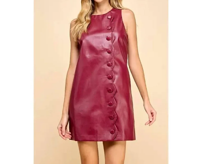 Faux Leather Scallop Button Dress In Crimson