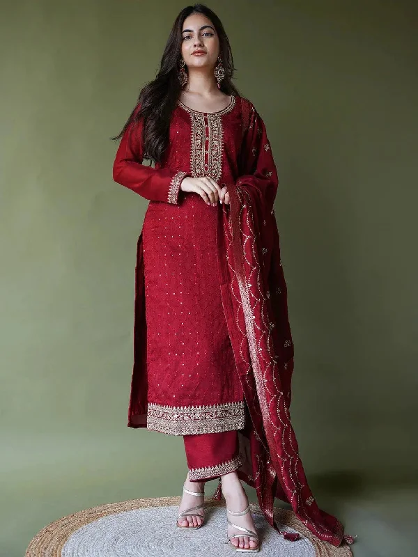 Maroon Embroidered Silk Blend Straight Kurta With Trousers & Dupatta Trousers stylish elegant Maroon Embroidered Silk Blend Straight Kurta With Trousers & Dupatta Trousers stylish elegant