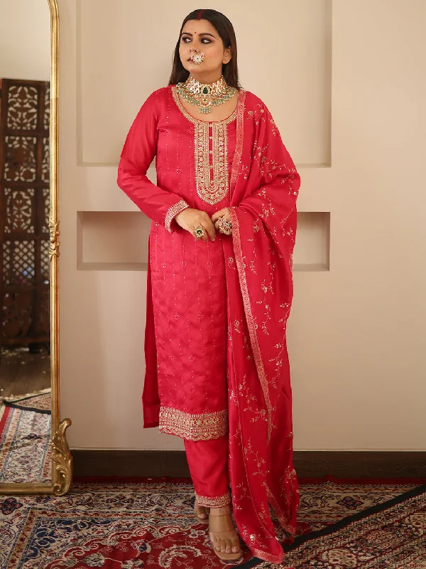 Pink Embroidered Silk Blend Straight Kurta With Trousers & Dupatta Trousers cozy soft Pink Embroidered Silk Blend Straight Kurta With Trousers & Dupatta Trousers cozy soft