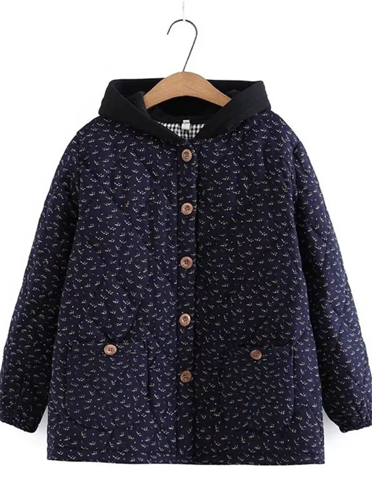 Plus Size Women's Winter Jacket Hooded Long Sleeve With Buttons Thicker Jacket Flower Cotton Padded And Thickened Cotton Jacket Elasticated Jacket Padded Jacket Insulated Jacket Plus Size Women's Winter Jacket Hooded Long Sleeve With Buttons Thicker Jacket Flower Cotton Padded And Thickened Cotton Jacket Elasticated Jacket Padded Jacket Insulated Jacket