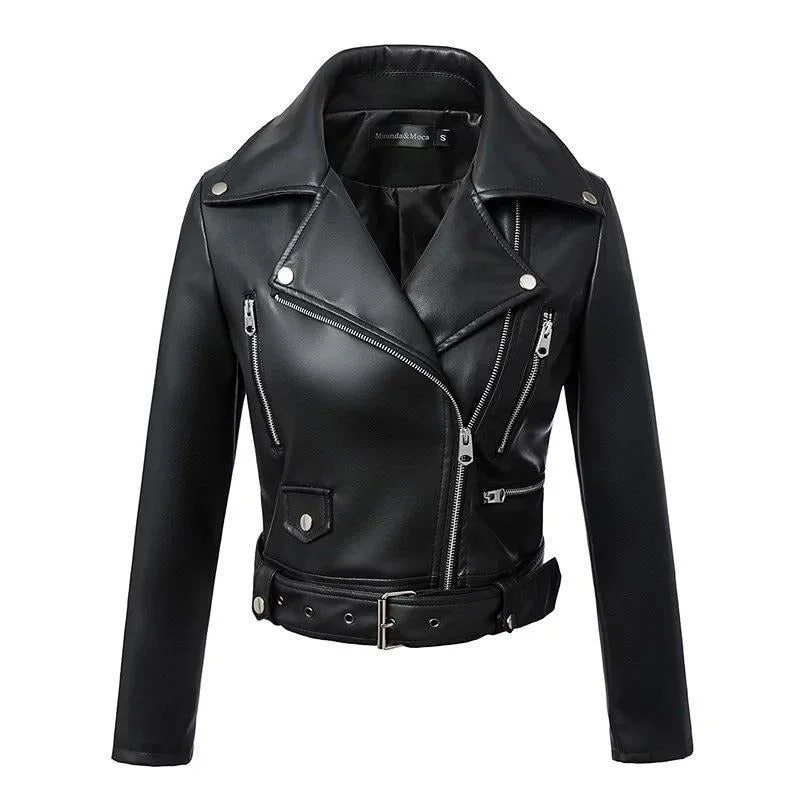 Luxury Black Faux Leather Jackets Toggled Jacket Drawstring Jacket Belted Jacket