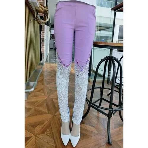 Sexy Lace Splicing Beaded Skinny Pants For Women - Violet M Comfortable Jogger Trousers Sexy Lace Splicing Beaded Skinny Pants For Women - Violet M Comfortable Jogger Trousers