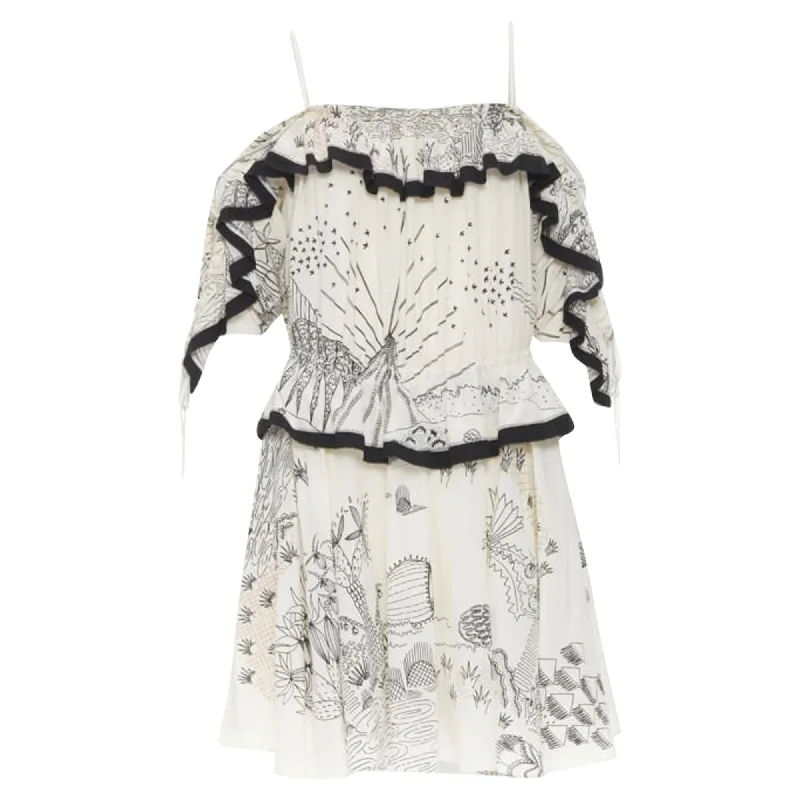 Valentino Garavani Garden illustration print silk off shoulder lace up dress