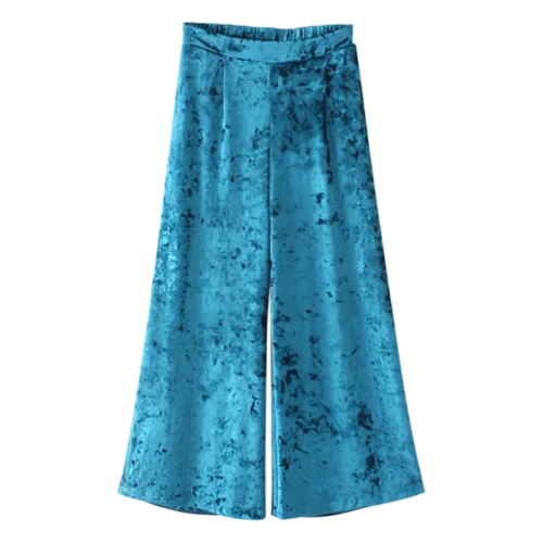 Elastic Waist Wide Leg Velvet Culotte Pants - Peacock Blue M Casual Track Pants