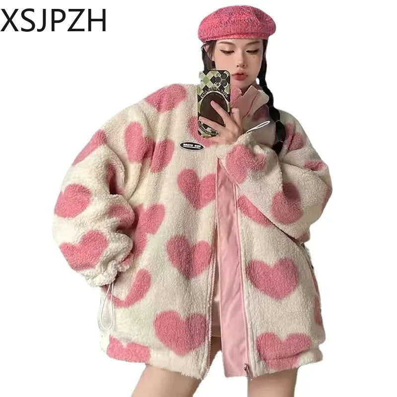 Women Loose Coat Women Double-sided Wear Loving Heart Lamb Wool Winter Clothes Padded Jacket Fashion Stand-up Collar Reversible Hooded Jacket Caped Jacket Shawl Collar Jacket Women Loose Coat Women Double-sided Wear Loving Heart Lamb Wool Winter Clothes Padded Jacket Fashion Stand-up Collar Reversible Hooded Jacket Caped Jacket Shawl Collar Jacket