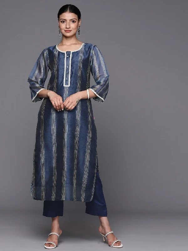 Varanga Women Navy Blue Printed Chanderi Silk Kurta With Trousers Trousers Floral Bohemian Varanga Women Navy Blue Printed Chanderi Silk Kurta With Trousers Trousers Floral Bohemian