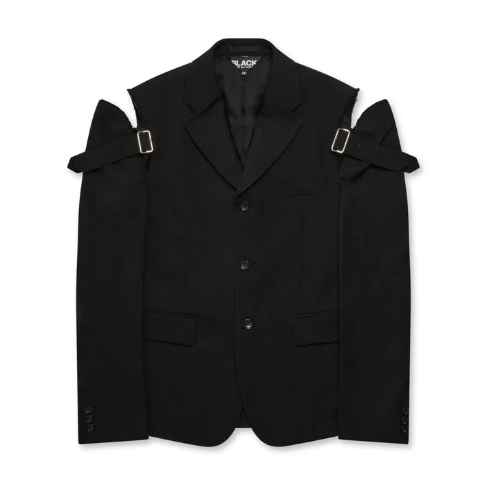 BLACK Comme Des Garçons Shoulder Buckle Detail Jacket (Black) Wool Fabric Cashmere Fabric Tweed Fabric BLACK Comme Des Garçons Shoulder Buckle Detail Jacket (Black) Wool Fabric Cashmere Fabric Tweed Fabric