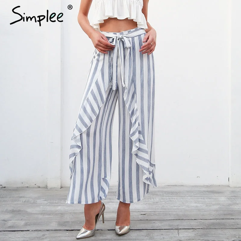Simplee Stripe split wide leg pants women bottom Sash ruffle high waist trousers Summer beach casual pants female 2018 Trousers sophisticated sleek Simplee Stripe split wide leg pants women bottom Sash ruffle high waist trousers Summer beach casual pants female 2018 Trousers sophisticated sleek