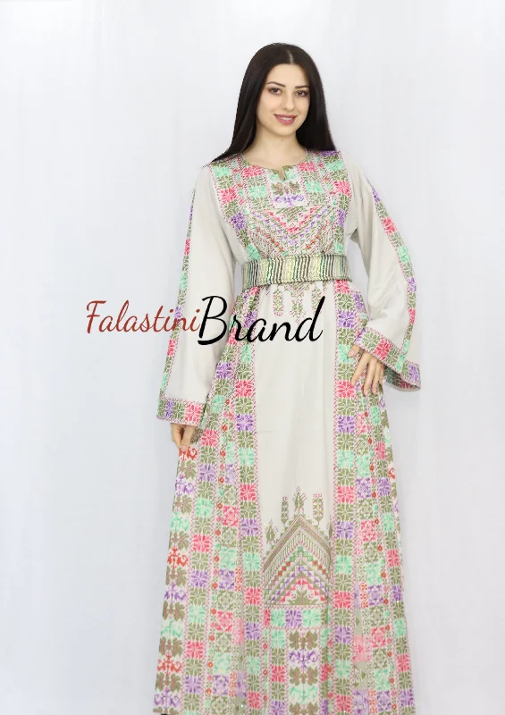 Elegant Cream Color Greenish Palestinian Embroidered Dress Thobe